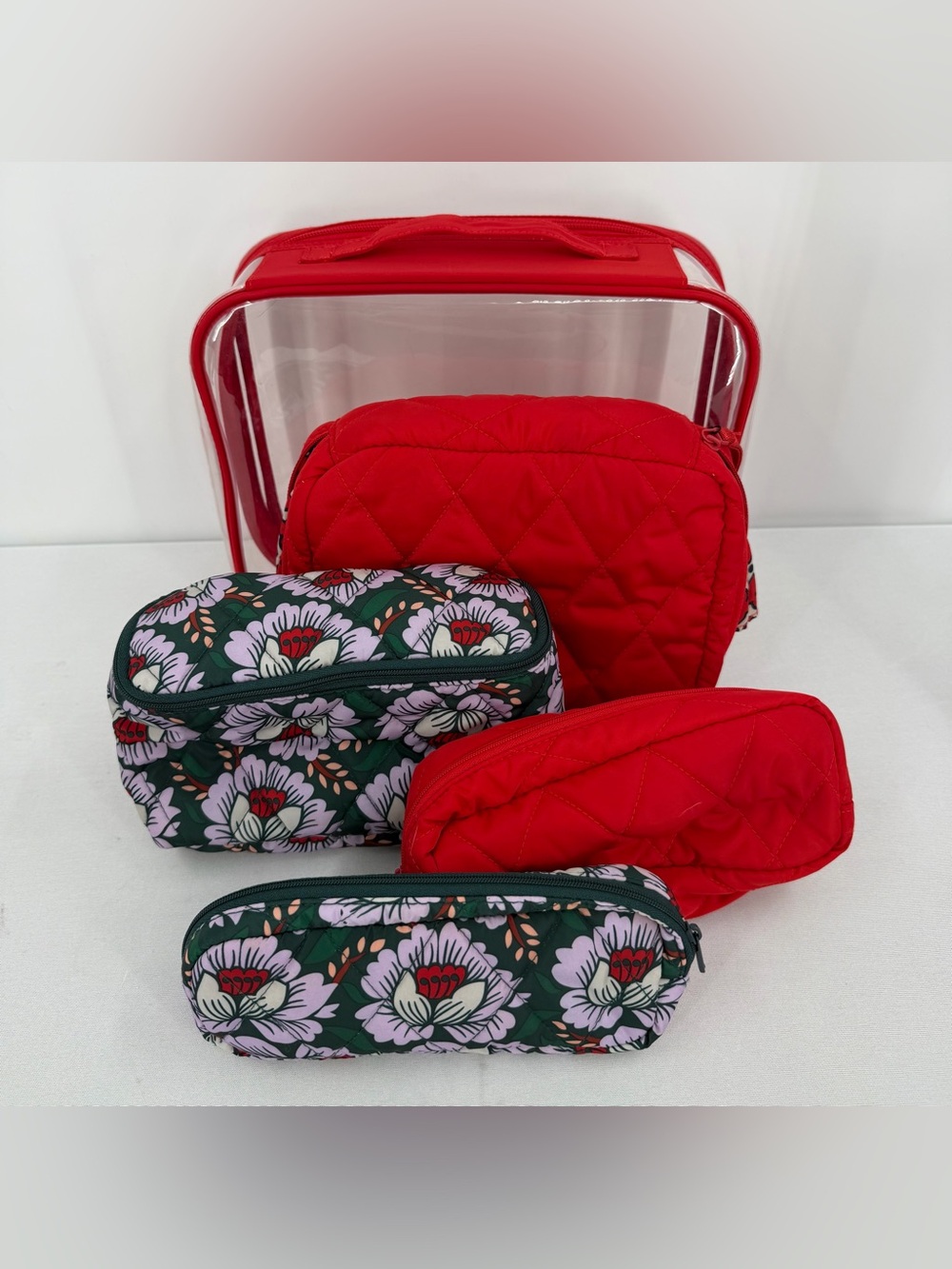 Vera Bradley 5 Piece red & Floral Cosmetic toiletry Travel makeup Bag set
